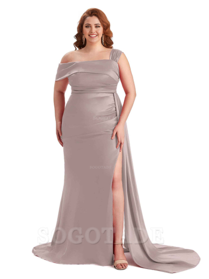 Sexy Side Hight Slit One Shoulder Mermaid Soft Satin Long Plus Size With Train Matron of Honor Dresses