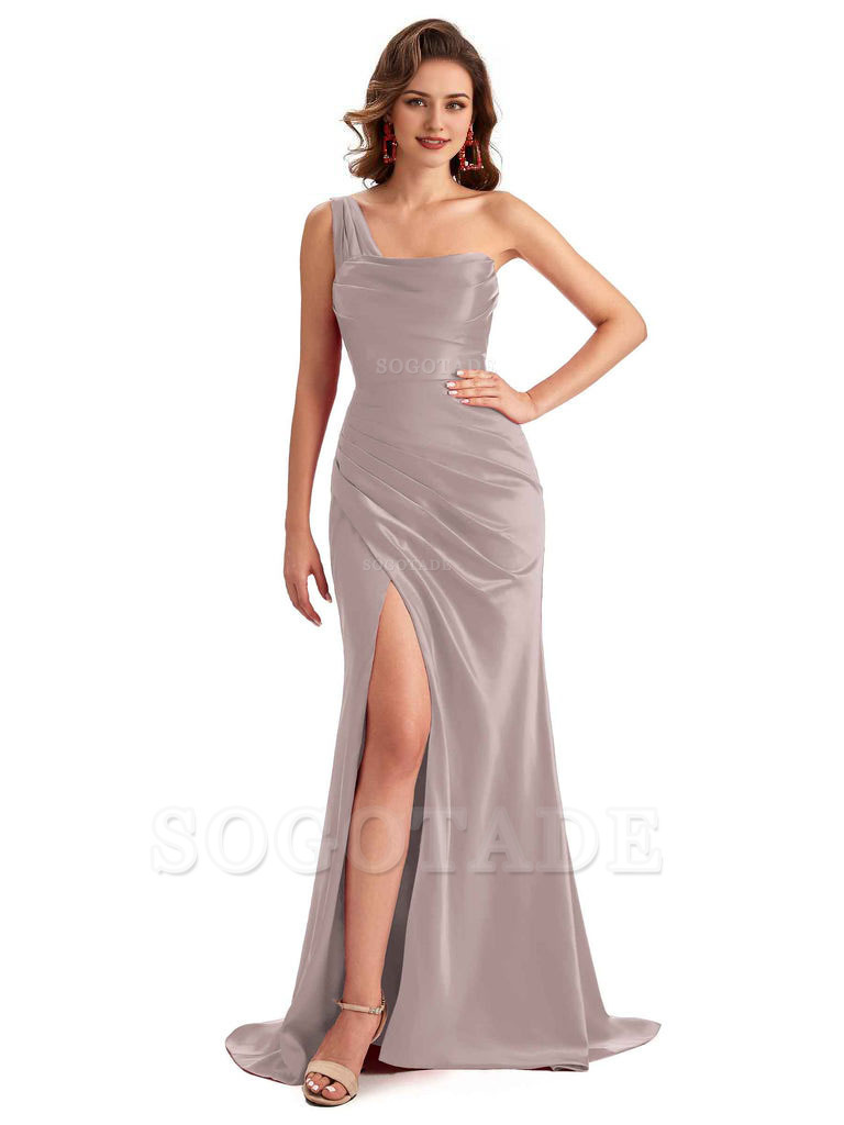Sexy One Shoulder Side Slit Silky Satin Chic Long Mermaid Trumpet Bridesmaid Dress