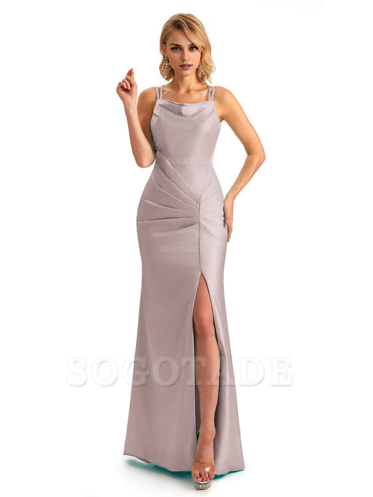Soft Satin Spaghetti Straps Side Slit Long Unique Mermaid Beautiful Dresses For Wedding