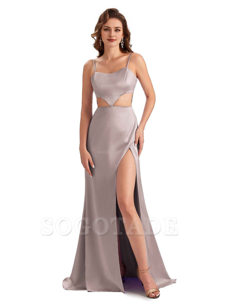 Sexy Satin Side Slit Spaghetti Straps Mermaid Long Unique Curve Wedding Guest Dresses