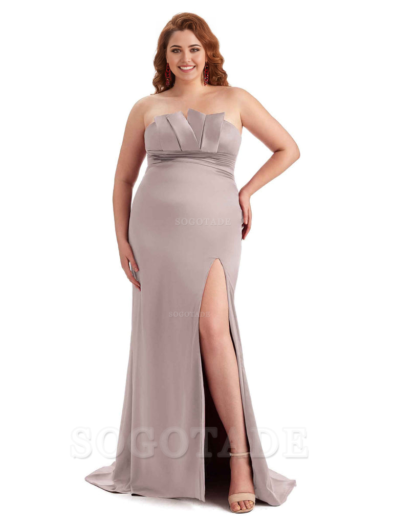 Sexy Side Slit Sleeveless Mermaid Soft Satin Long Plus Size Wedding Party Dresses For Wedding
