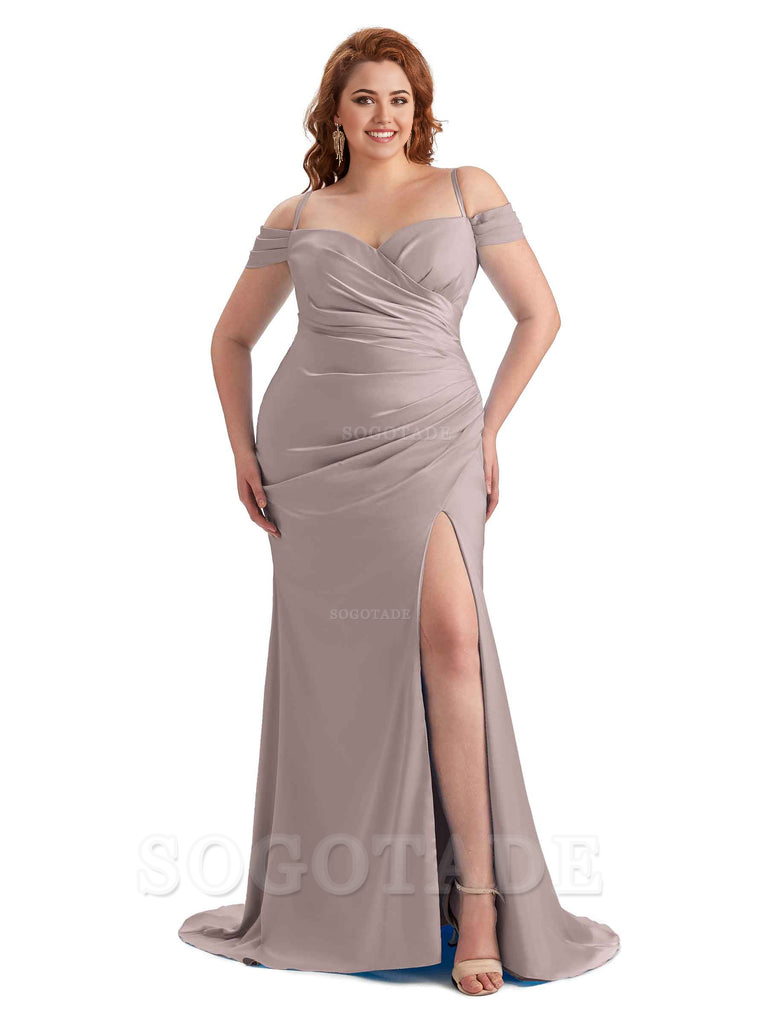 Sexy Side Slit Sleeveless Cold Shoulder Mermaid Soft Satin Long Plus Size Maid of Honor Dresses