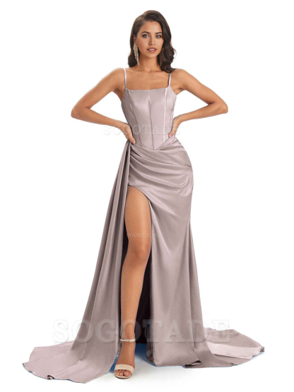 Spaghetti Straps Floor-Length Satin formal dresses evening gown Bridesmaid Dresses With Side Slit 