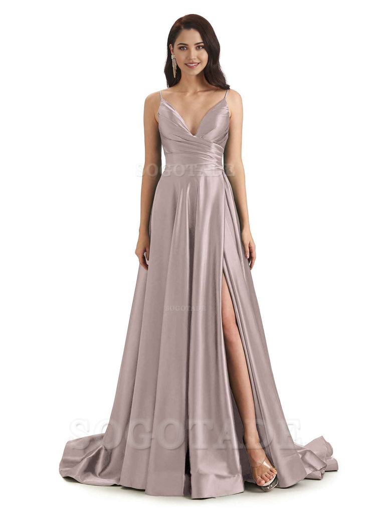Spaghetti Straps Satin formal dresses evening gown Bridesmaid Dresses With Side Slit 
