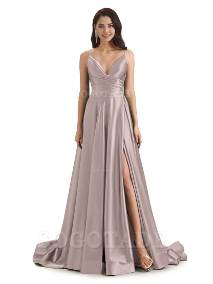 Spaghetti Straps Satin formal dresses evening gown Bridesmaid Dresses With Side Slit 