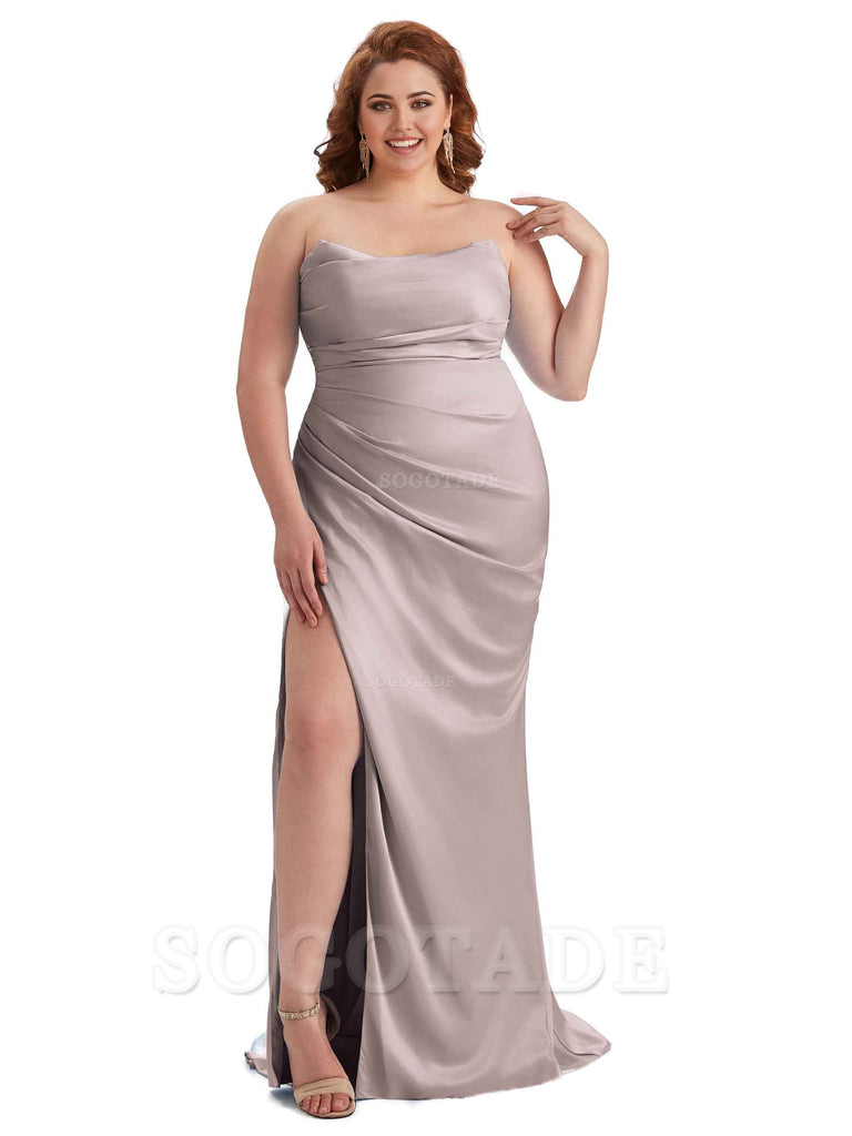 Sexy Side Slit Sleeveless Strapless Mermaid Soft Satin Long Plus Size Bridesmaid Dresses For Wedding