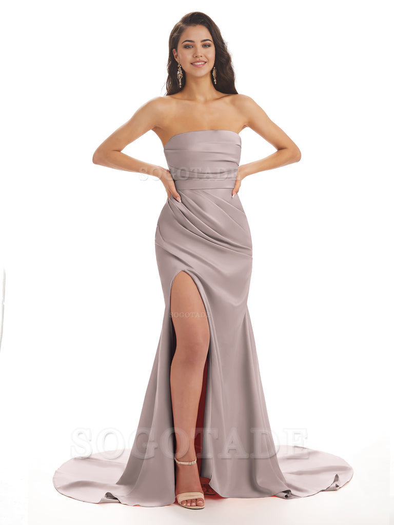 Mermaid Strapless Floor-Length Satin formal dresses evening gown Bridesmaid Dresses With Side Slit 