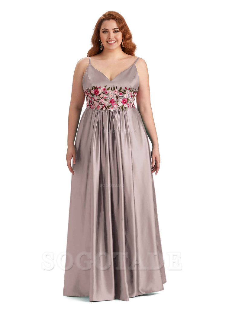 Unique Lace Spaghetti Straps Sleeveless Soft Satin Long Plus Size Bridesmaid Dress For Wedding