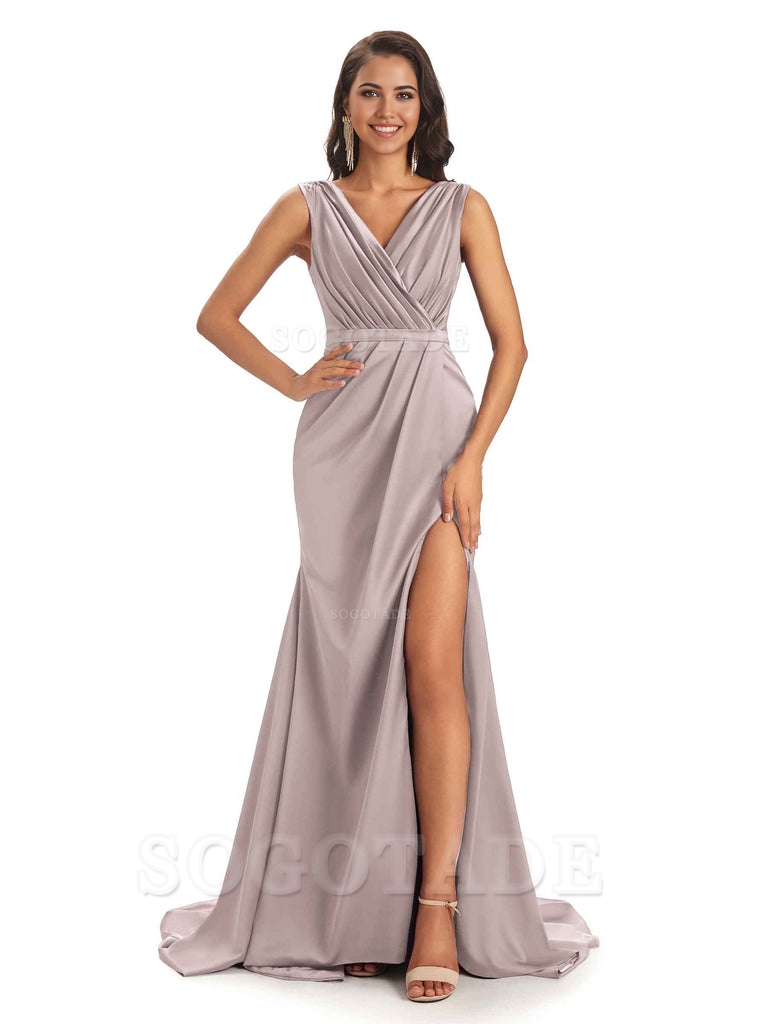 A-line V-neck Floor-Length Satin formal dresses evening gown Bridesmaid Dresses With Side Slit 