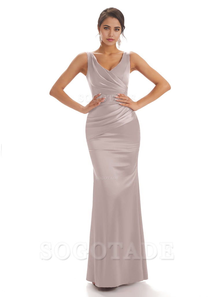 Sheath Sleeveless V-neck Floor-Length Satin formal dresses evening gown Bridesmaid Dresses With Pleats 