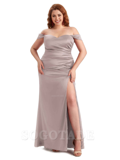 Sexy Off The Shoulder Sleeveless Side Slit Mermaid Soft Satin Long Plus Size Bridesmaid Dresses