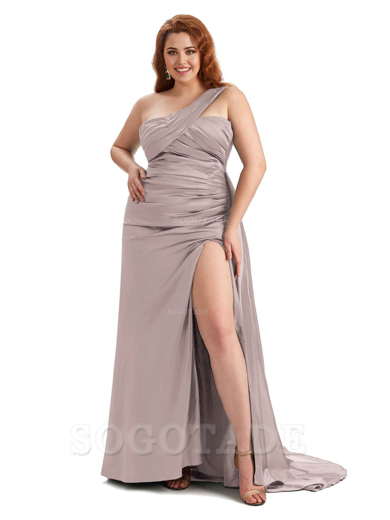  One Shoulder Sleeveless Sexy Side Hight Slit Mermaid Soft Satin Long Plus Size Bridesmaid Gowns