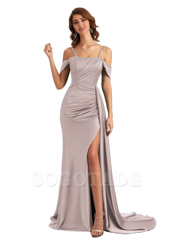 Sexy Side Slit Cold Shoulder Mermaid Satin Chic Long Wedding Guest Dresses