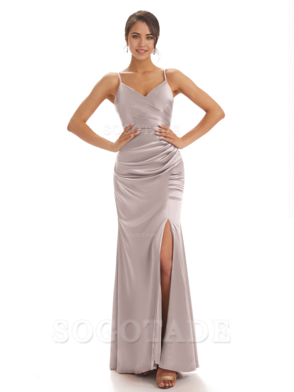 Spaghetti Straps Pleats Satin formal dresses evening gown Bridesmaid Dresses With Side Slit 