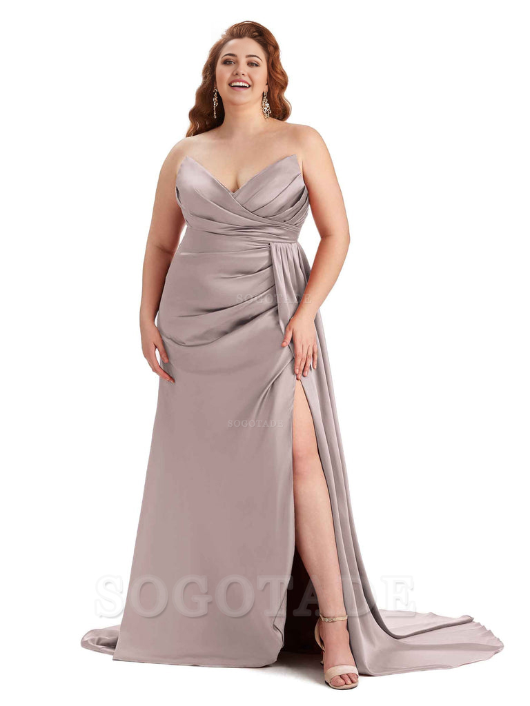 Sexy V-neck Side Slit Sleeveless Mermaid Soft Satin Long Plus Size Bridesmaid Gowns