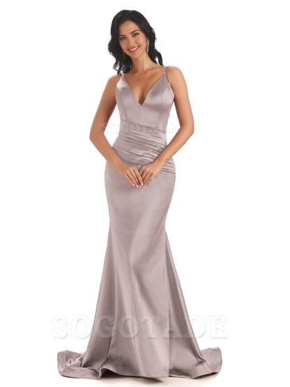 Mermaid Spaghetti V-Neck Straps Satin Long formal dresses evening gown Bridesmaid Dresses With Side Slit 