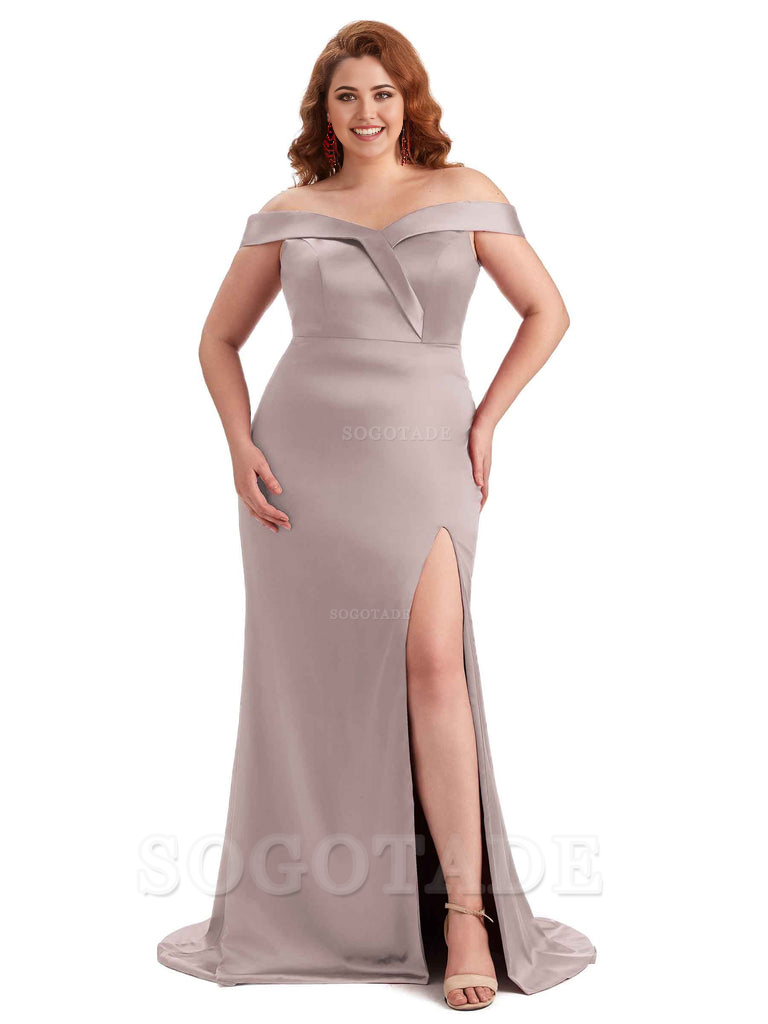 Elegant Off The Shoulder Sleeveless Side Slit Mermaid Soft Satin Long Plus Size Bridesmaid Gowns
