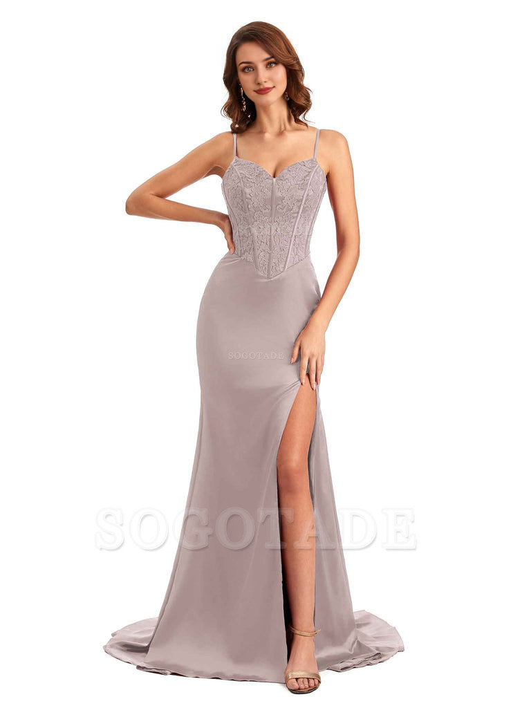 Sexy Side Slit Mermaid Silky Satin V-Neck Lace Unique Long Bridesmaid Dresses