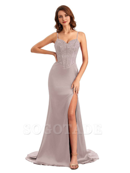 Sexy Side Slit Mermaid Silky Satin V-Neck Lace Unique Long Bridesmaid Dresses