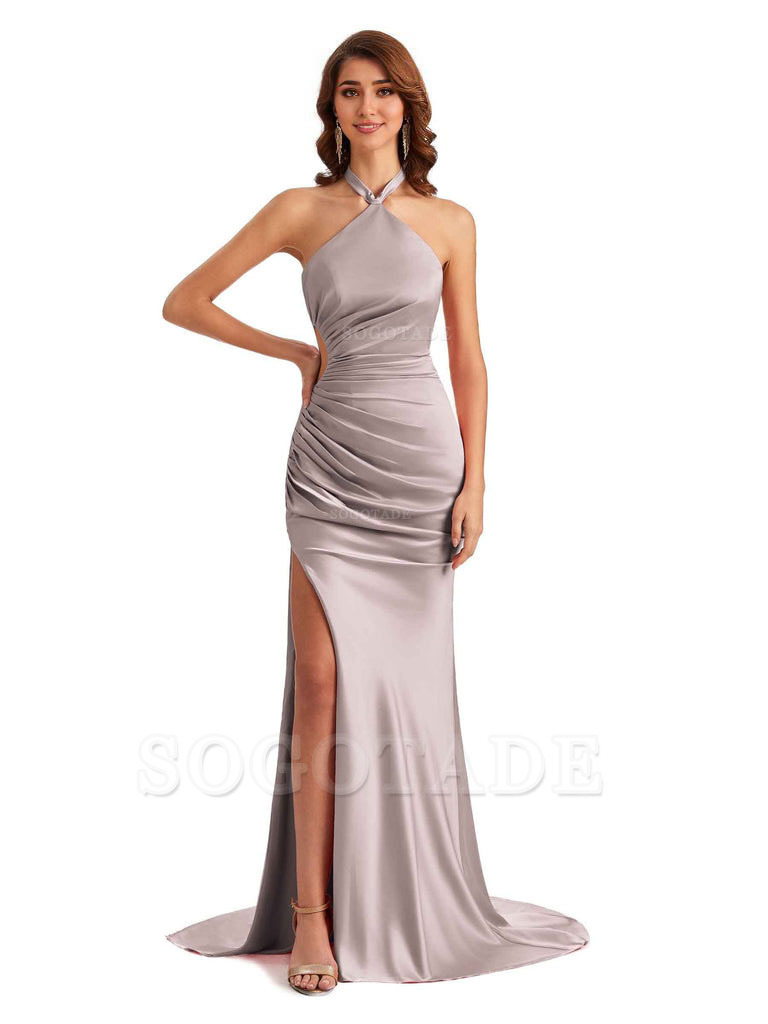 Sexy Halter Mermaid Silky Satin Unique Long Formal Wedding Guest Dresses