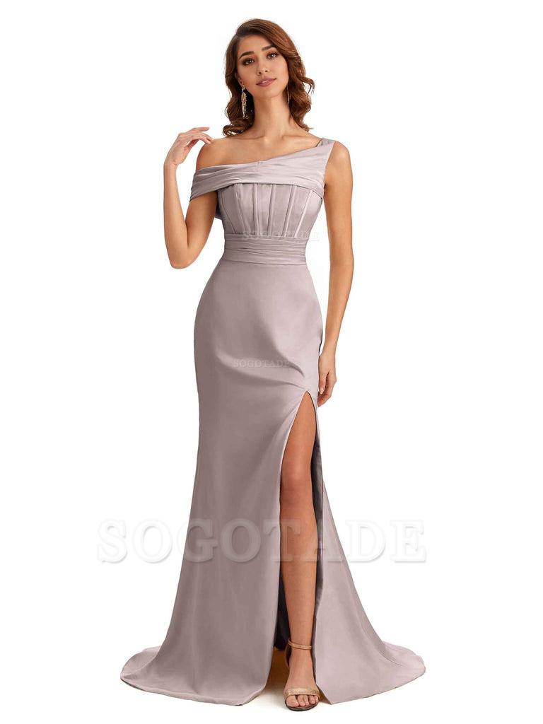 Elegant Asymmetrical Neck Soft Satin Side Slit Long Mermaid Bridesmaid Dresses