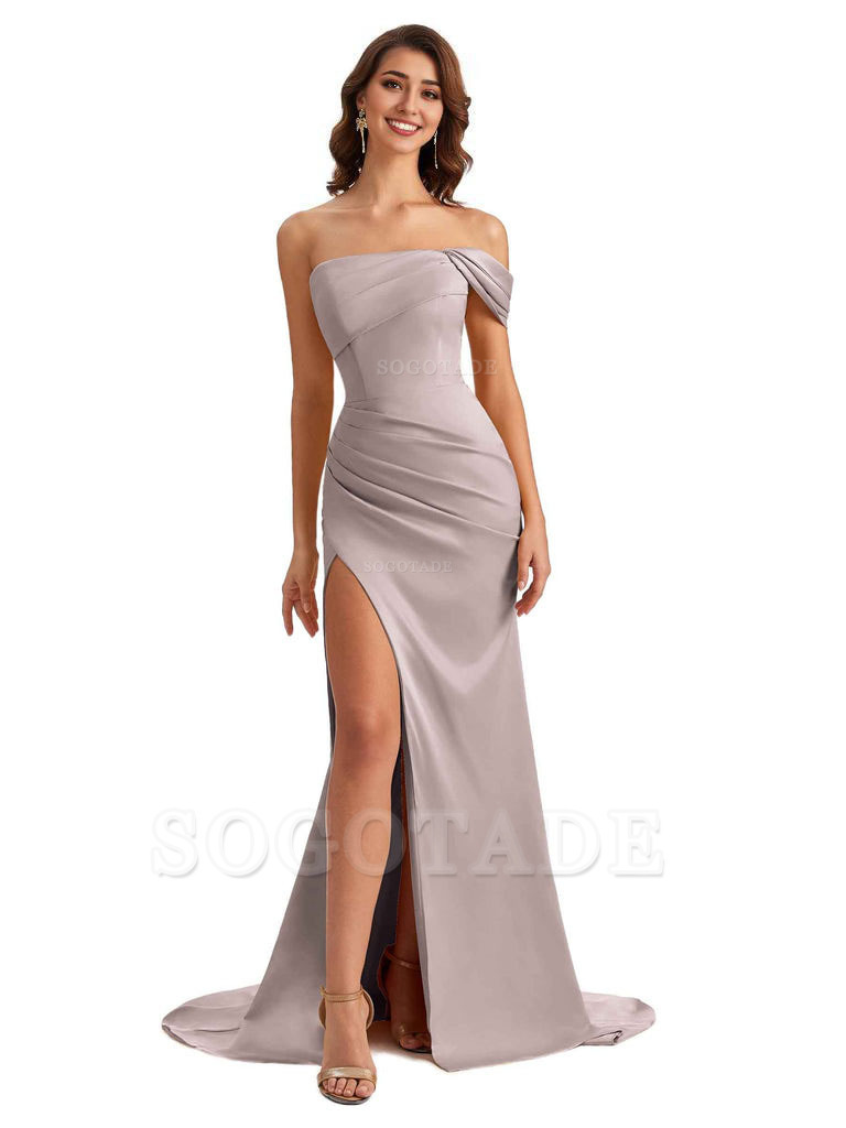 Unique One Shoulder Side Slit Satin Long Formal Dresses For Bridesmaid Dresses