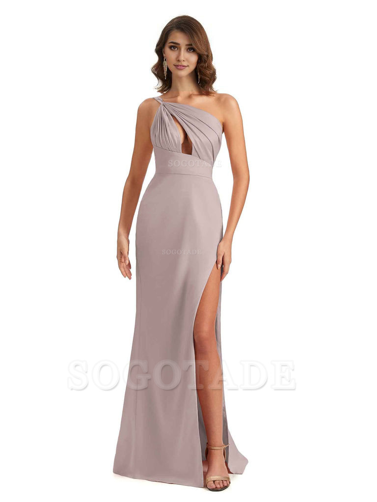 Sexy One Shoulder Silky Satin Unique Long Ladies Bridesmaid Dress For Wedding