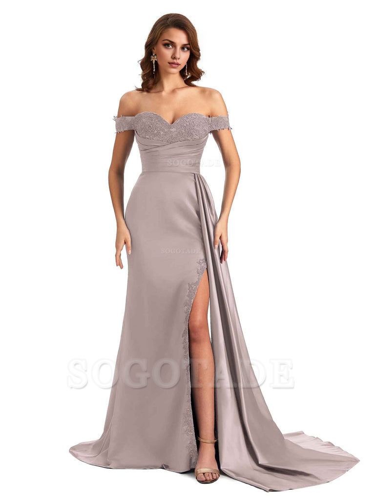 Sexy Off The Shoulder Mermaid Side Slit Silky Satin Long Bridesmaid Dress For Wedding