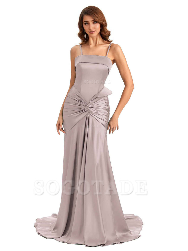 Sexy Mermaid Spaghetti Straps Silky Satin Unique Long Bridesmaid Dress For Wedding