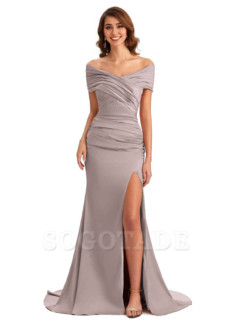 Sexy Off The Shoulder Side Slit Mermaid Satin Unique Long Formal Wedding Guest Dresses