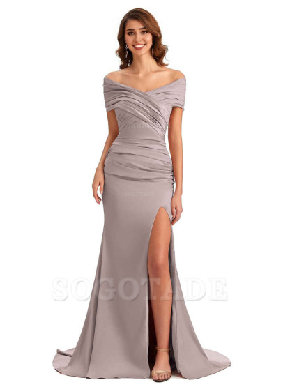 Sexy Off The Shoulder Side Slit Mermaid Satin Unique Long Formal Wedding Guest Dresses