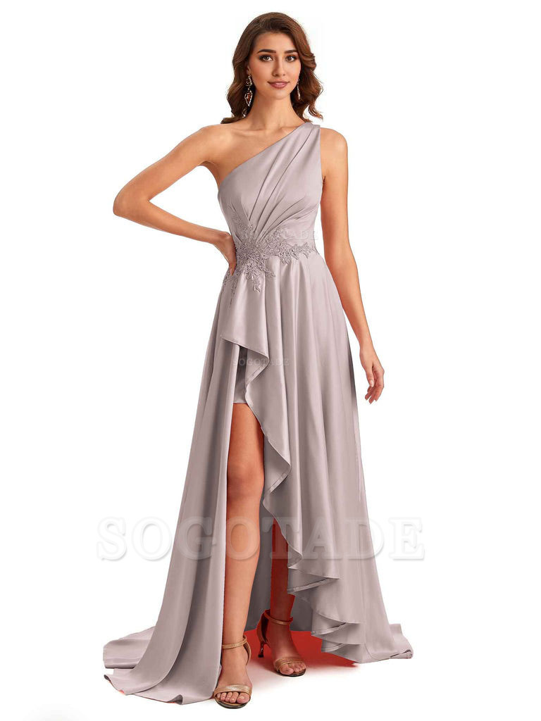 Sexy One Shoulder A-Line High Low Silky Satin Lace Long Formal Wedding Guest Dresses