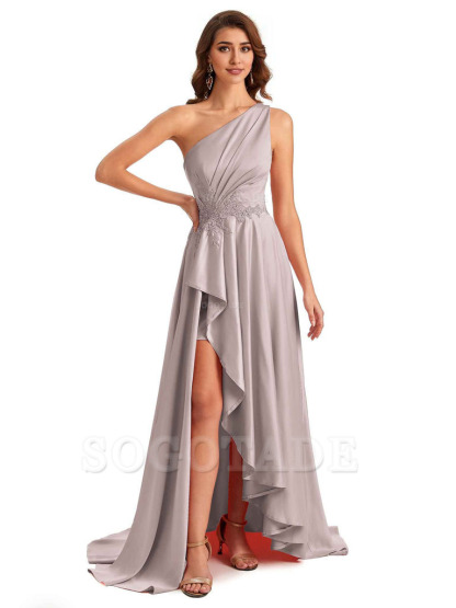 Sexy One Shoulder A-Line High Low Silky Satin Lace Long Formal Wedding Guest Dresses
