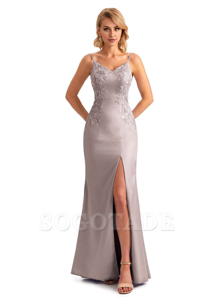 Sexy Side Split Mermaid Spaghetti Straps Soft Satin Unique Lace Long Bridesmaid Dresses