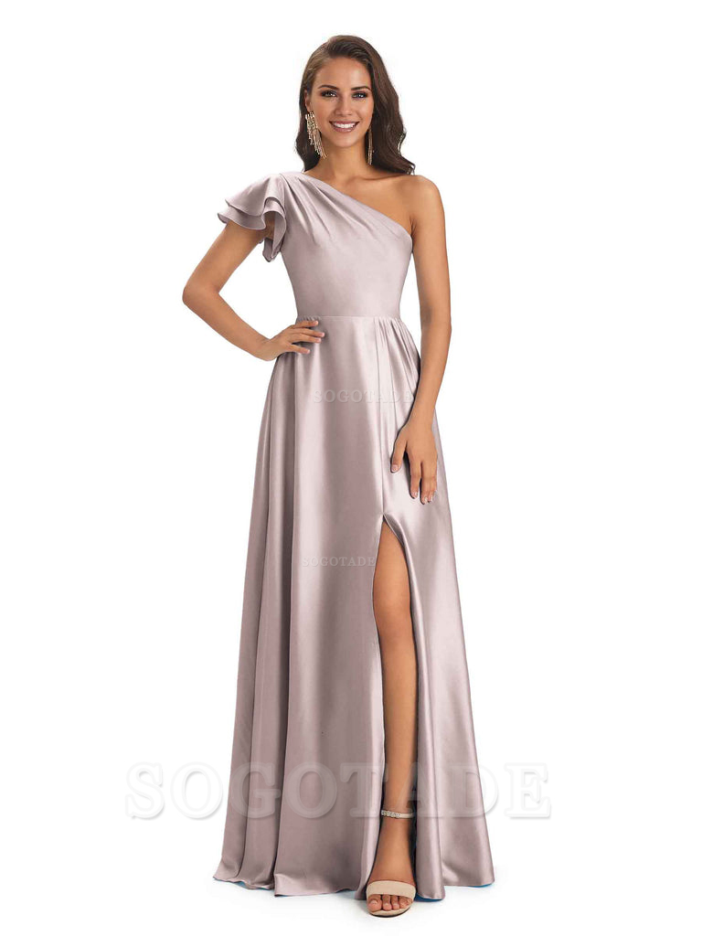 A-Line One Shoulder Ladies Long Bridesmaid Dresses Soft Satin Side Slit Elegant Evening Party Dress
