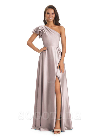 A-Line One Shoulder Ladies Long Bridesmaid Dresses Soft Satin Side Slit Elegant Evening Party Dress