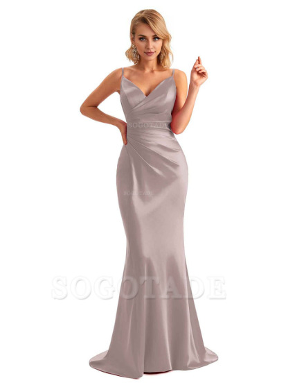  Sexy Backless Mermaid Spaghetti Straps Unique Long Formal Satin Dress For Women