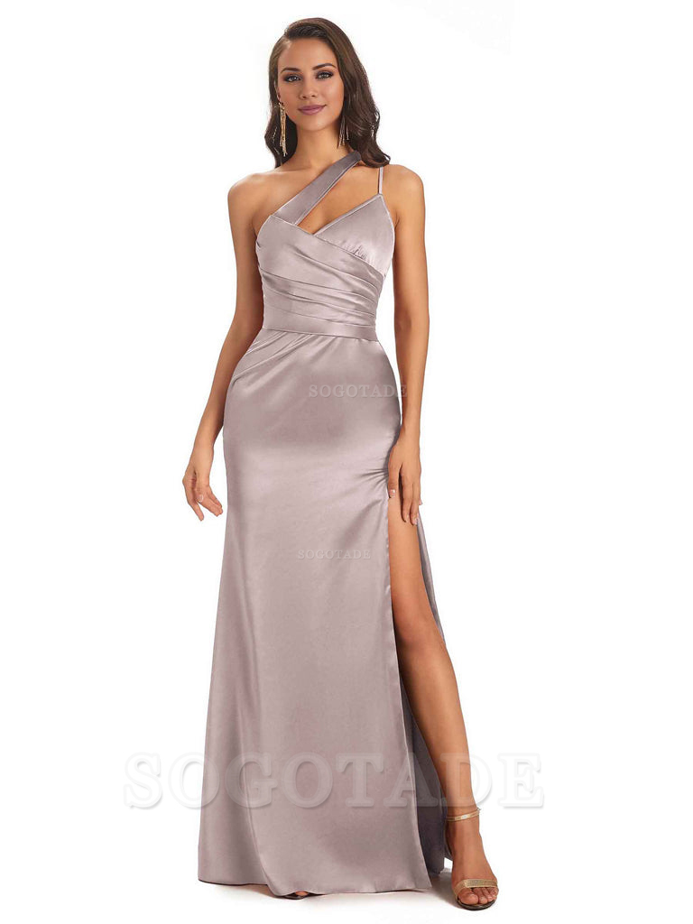 Elegant Soft Satin Side Slit One Shoulder Floor-Length Maxi Bridesmaid Dresses Evening Party Dress