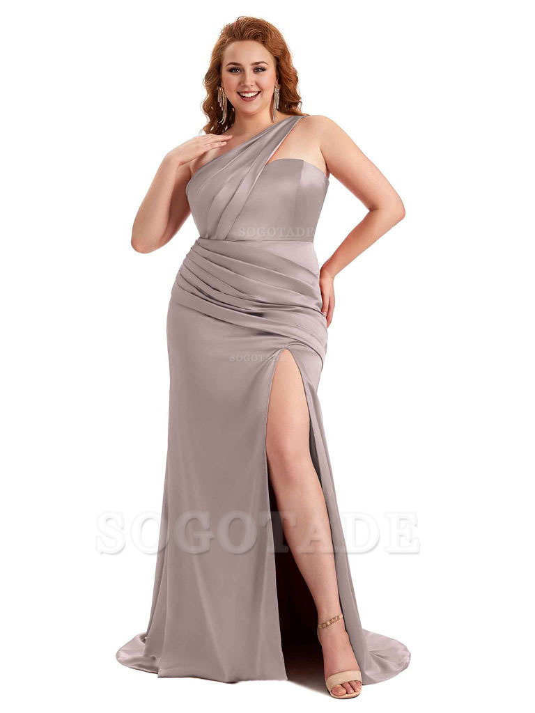 Sexy Side Slit One Shoulder Mermaid Soft Satin Long Plus Size Matron of Honor Dress For Wedding