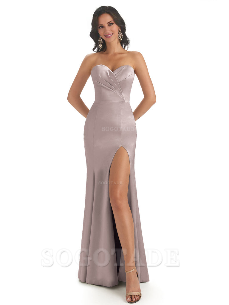 Simple Soft Satin Side Slit Sweetheart Long Mermaid Bridesmaid Dresses Elegant Evening Party Dress
