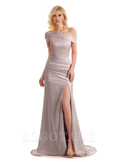 Elegant Asymmetrical Unique Soft Satin Side Slit Long Mermaid Bridesmaid Dresses Charming Evening Party Dress