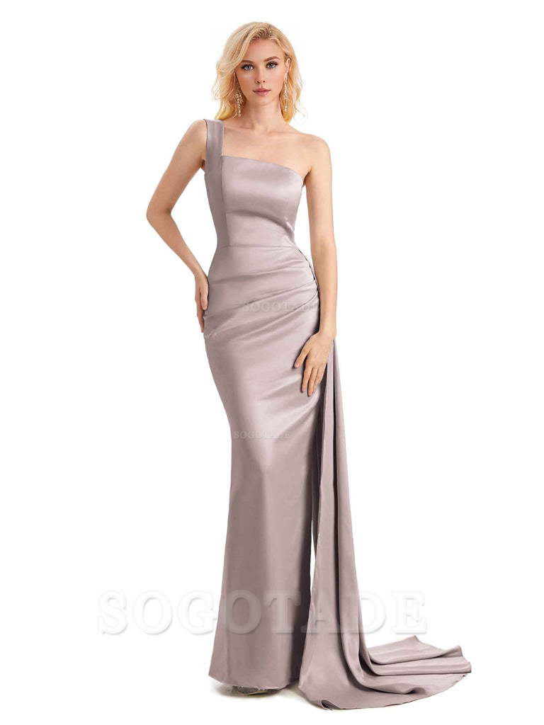 Elegant One Shoulder Soft Satin Mermaid Unique Long Bridesmaid Dresses Charming Evening Party Dress