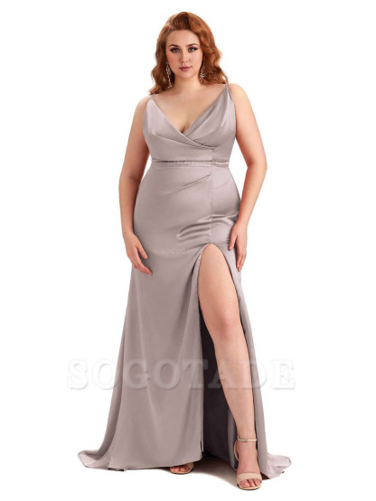 Sexy Side Slit Spaghetti Straps Mermaid Soft Satin Fashion Bridesmaid Dresses
