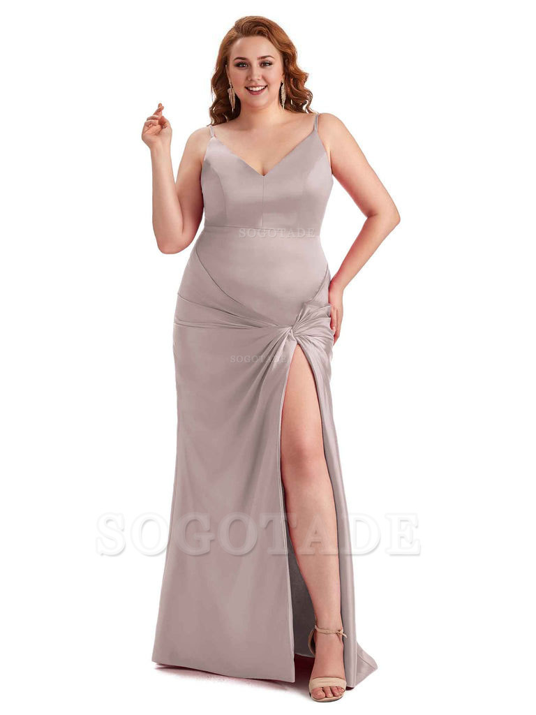 Sexy Spaghetti Straps V-neck Side Slit Mermaid Soft Satin Long Plus Size Bridesmaid Dress