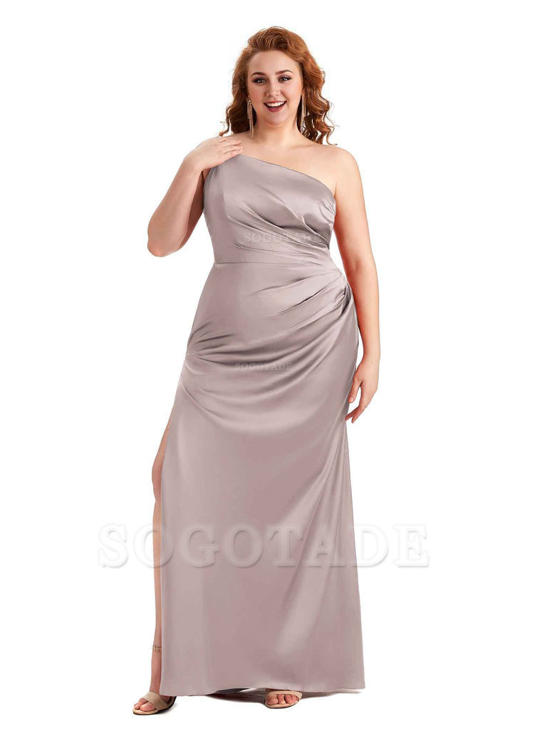 Sexy Side Slit One Shoulder Mermaid Soft Satin Long Plus Size Maid of Honour Dresses