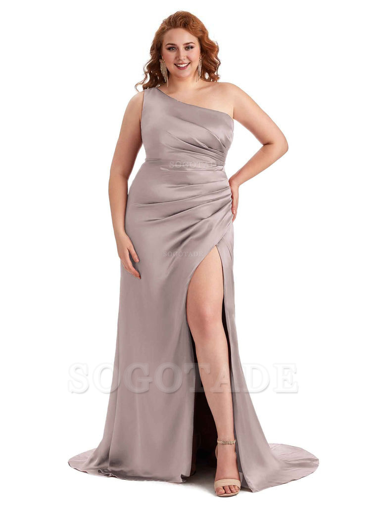 Sexy One Shoulder Side Slit Mermaid Soft Satin Long Plus Size Maid of Honor Dress For Wedding
