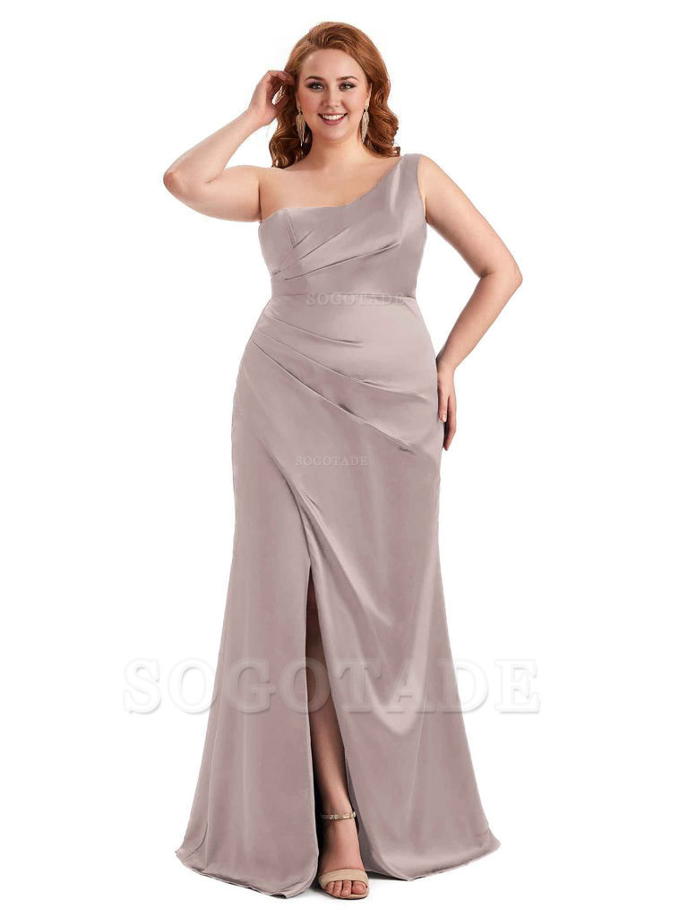Sexy Side Slit One Shoulder Mermaid Long Plus Size Satin Maxi Dresses