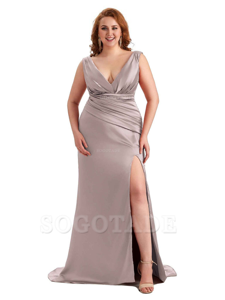 Elegant V-neck Side Slit Mermaid Soft Satin Long Plus Size Bridesmaid Dress For Wedding