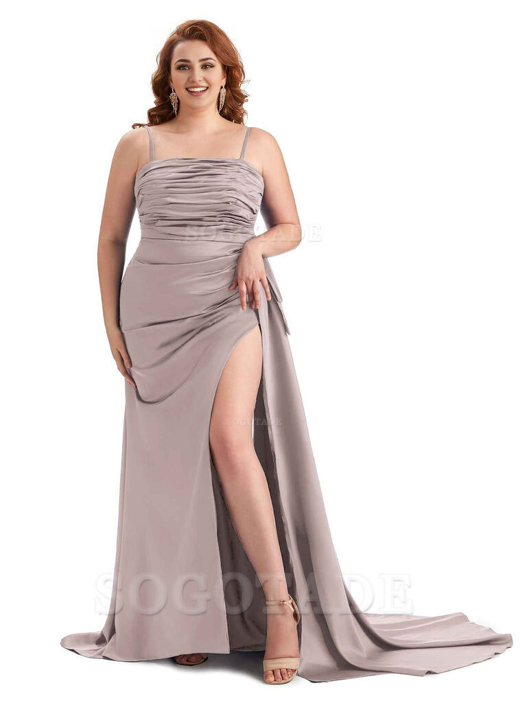 Sexy Side Slit Spaghetti Straps Mermaid Soft Satin Long Plus Size Bridesmaid Dresses Online
