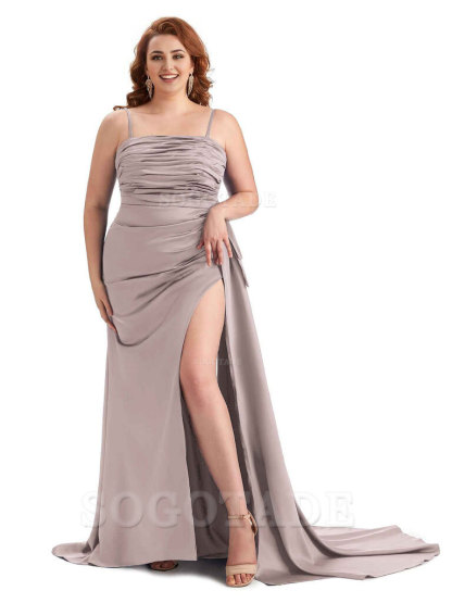 Sexy Side Slit Spaghetti Straps Mermaid Soft Satin Long Plus Size Bridesmaid Dresses Online